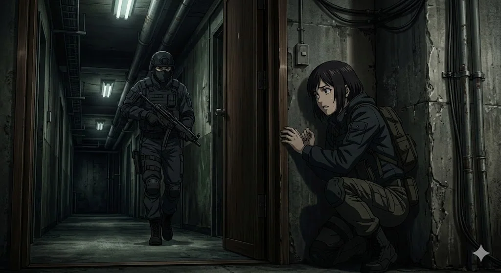 躲藏在墙边的少女与持枪的守卫对峙