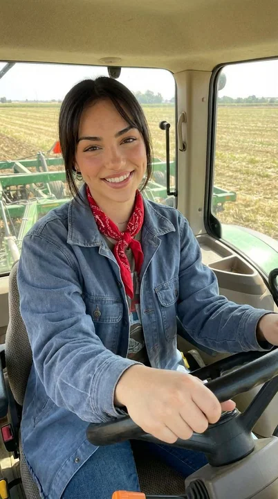 在金色阳光下微笑的农机女孩