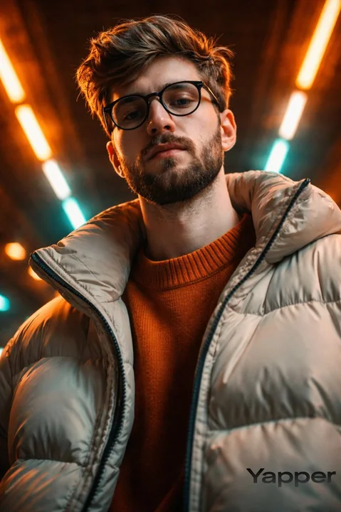 الرجل الشاب ذو اللون الأخضر والبرتقالي في نفق الأضواء النيون