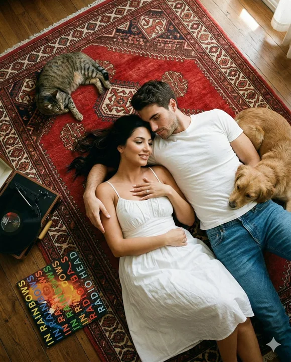 俯瞰红毯上的慵懒双人时光