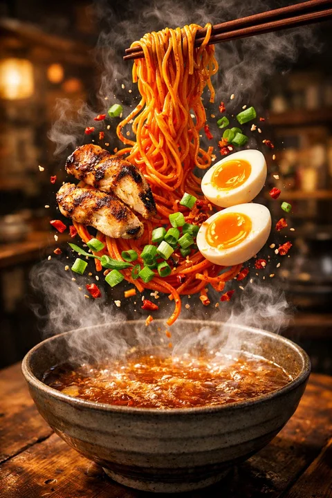 慢镜头悬浮的火辣拉面