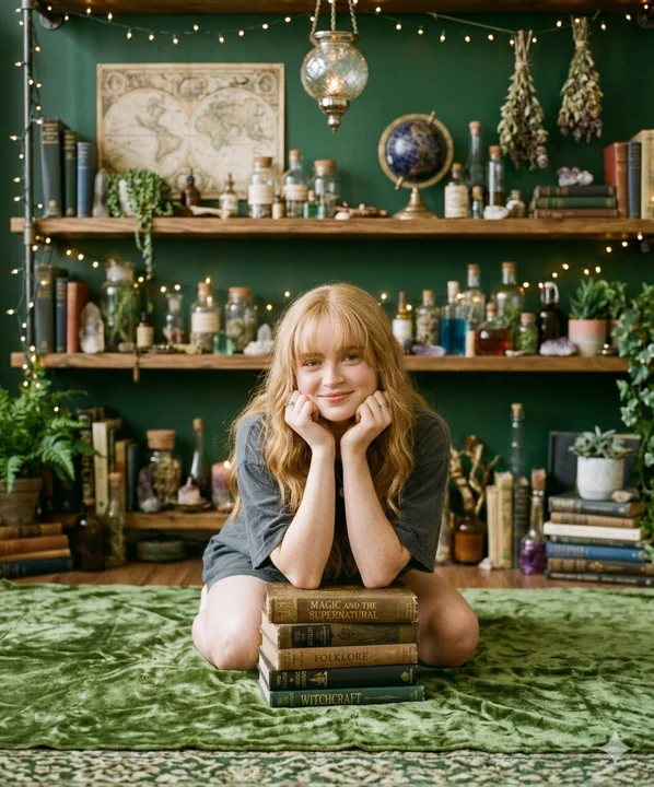 A gentle blonde girl huddled among piles of magic books
