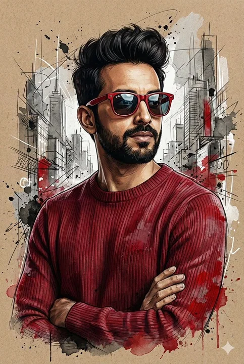 纸绘混媒：红衣胡须男城市肖像