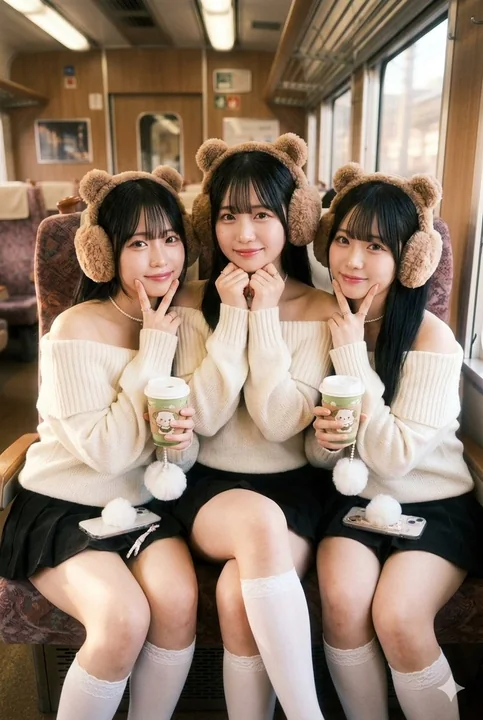 毛绒熊耳罩三姐妹的温馨电车时光