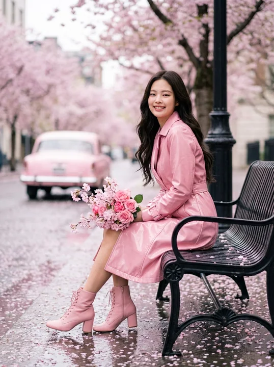 粉色樱花树下的浪漫春日人像