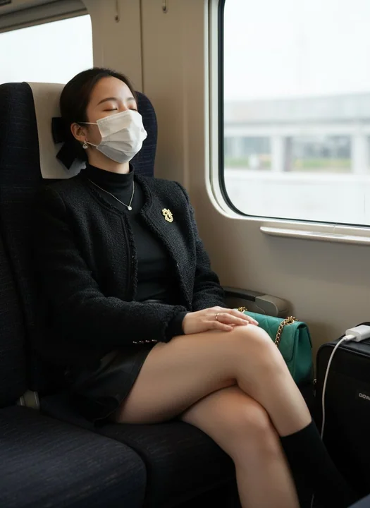 火车窗边沉睡的优雅黑发女郎