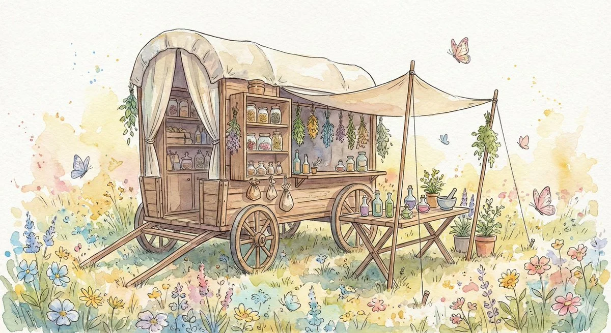 奇幻花海中的草药师木马车