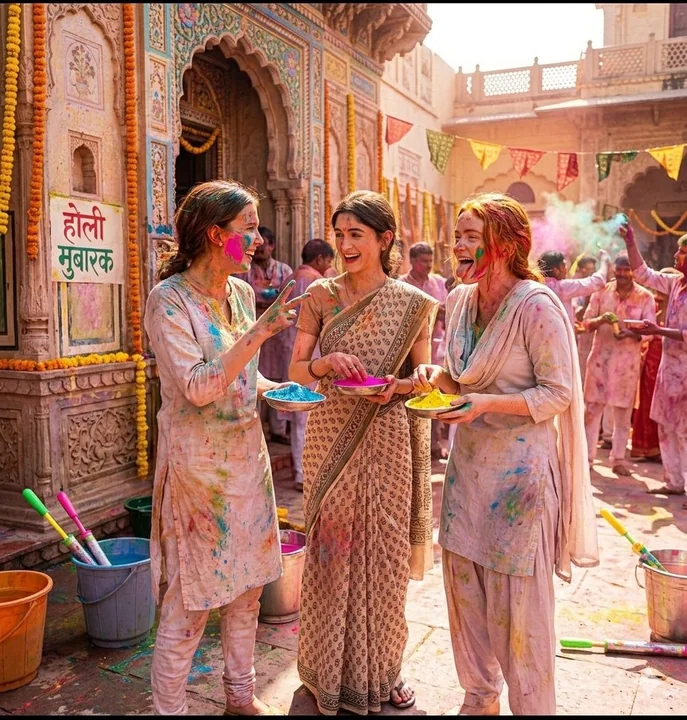 洒红节彩粉弥漫的印度少女