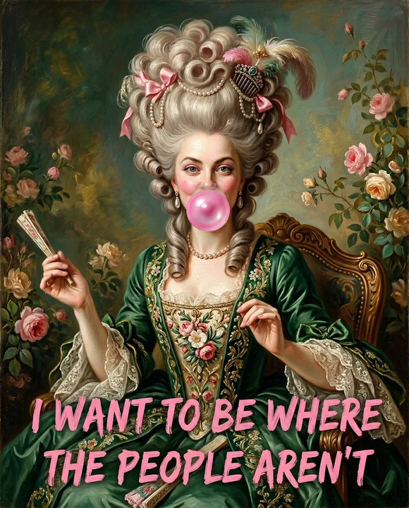 The contrast of the oil painting of the lady in green dress blowing bubbles