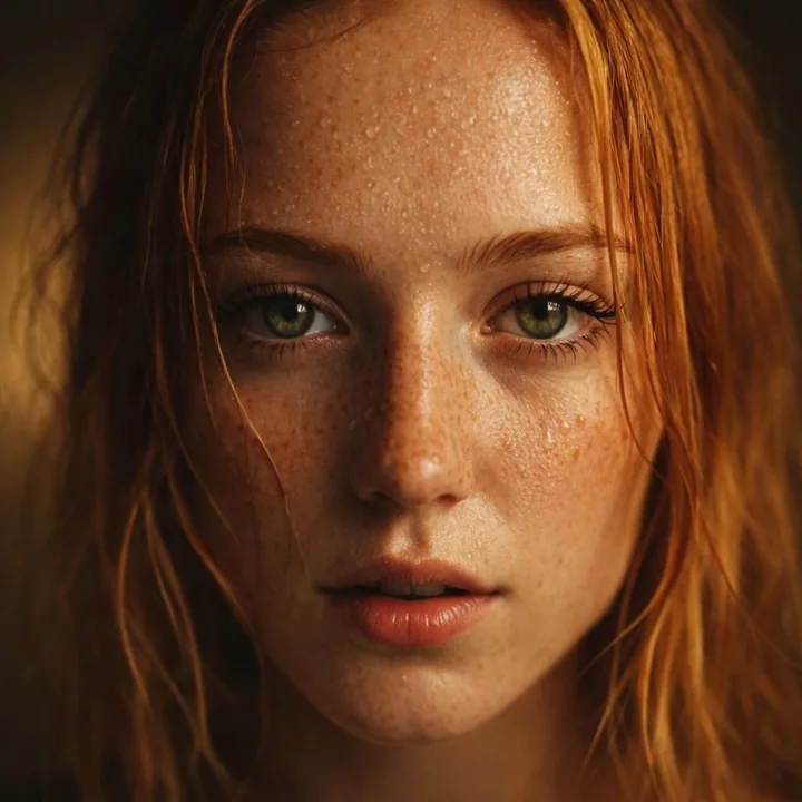 Movie-level hyper-realistic close-up of a red-haired freckled girl