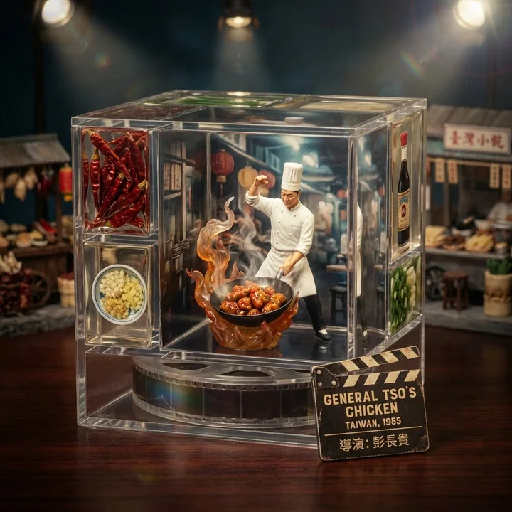Miniature food movie scene inside a transparent cube