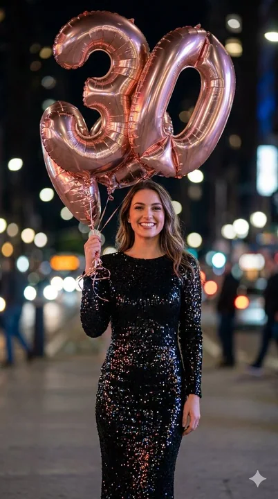 The dazzling night of the girl in the black dress and the rose-gold balloons