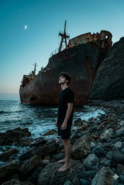 暮色海滩上仰望巨轮残骸的男人