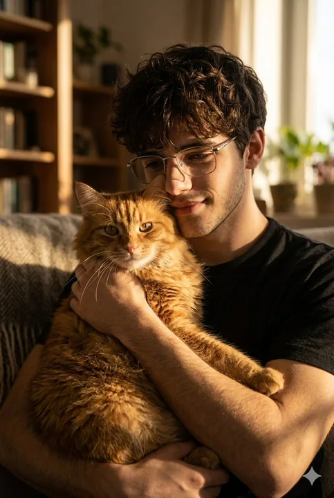 Man gently hugs a big orange cat under the sunset glow.
