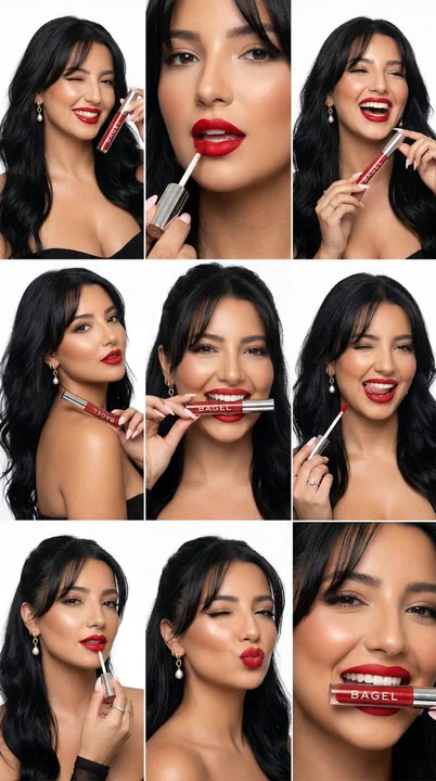Hyper-realistic red lip makeup editorial in grid style photos