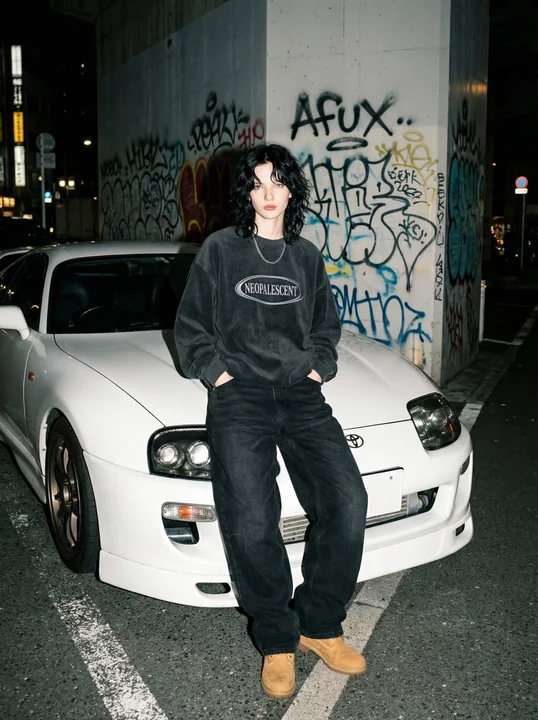 فتاة شوارع بأسلوب ريفي تحت ضوء فلاش وملك النُعَج