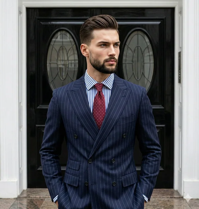 Le gentleman élégant en costume bleu marine à fines rayures