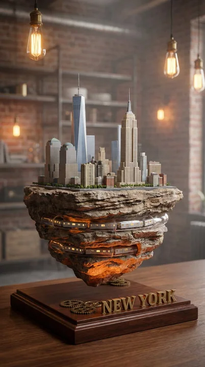 悬浮岩上的超写实微缩城市