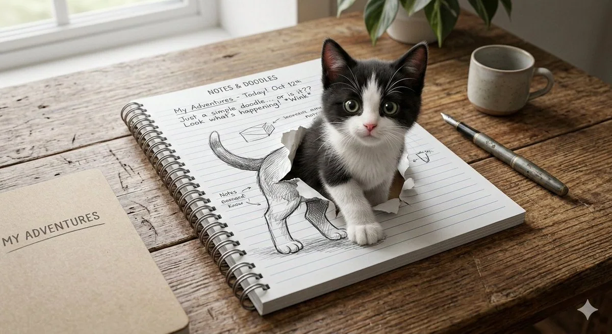 跃出纸面的黑白萌猫视错觉画