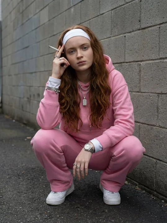 粉红运动服少女的街头大片