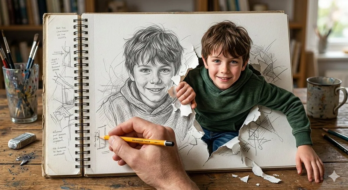 Sketch of a Boy Breaking Out of Paper