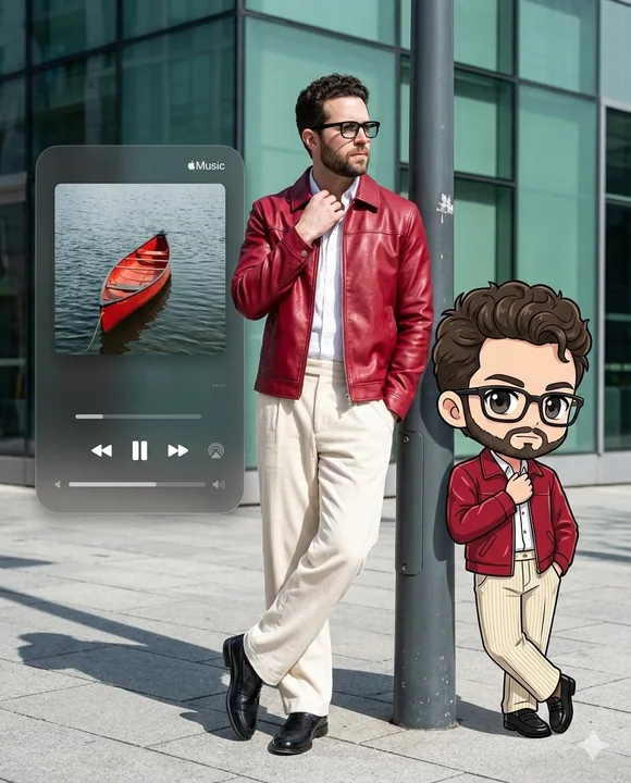 Un jeune homme élégant en veste rouge sous le soleil ardent, avec une version Q de lui-même dans la rue.