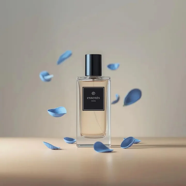 Luxurious golden fragrance with floating blue petals