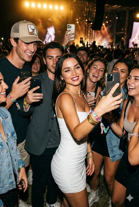 Sensual white dress selfie in the music festival crowd