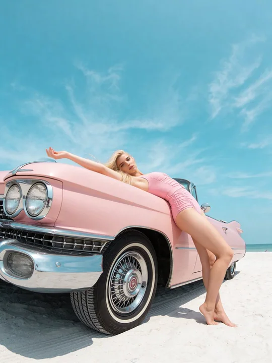 复古粉车上的夏日佳人