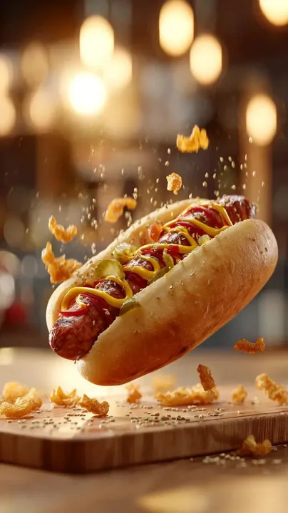 Hot dog délicieux en macro avec des sauces qui volent