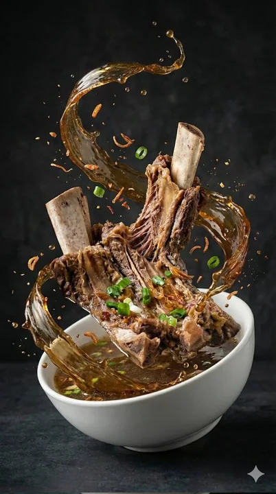 Steaming soup splashing, meat bones floating - food photography