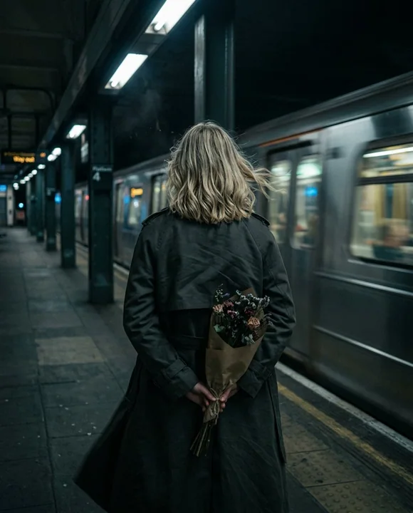 A quiet glance back while holding a bouquet in the night breeze