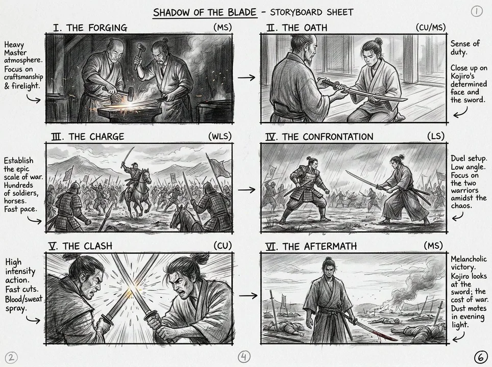 电影感六格铅笔分镜草图