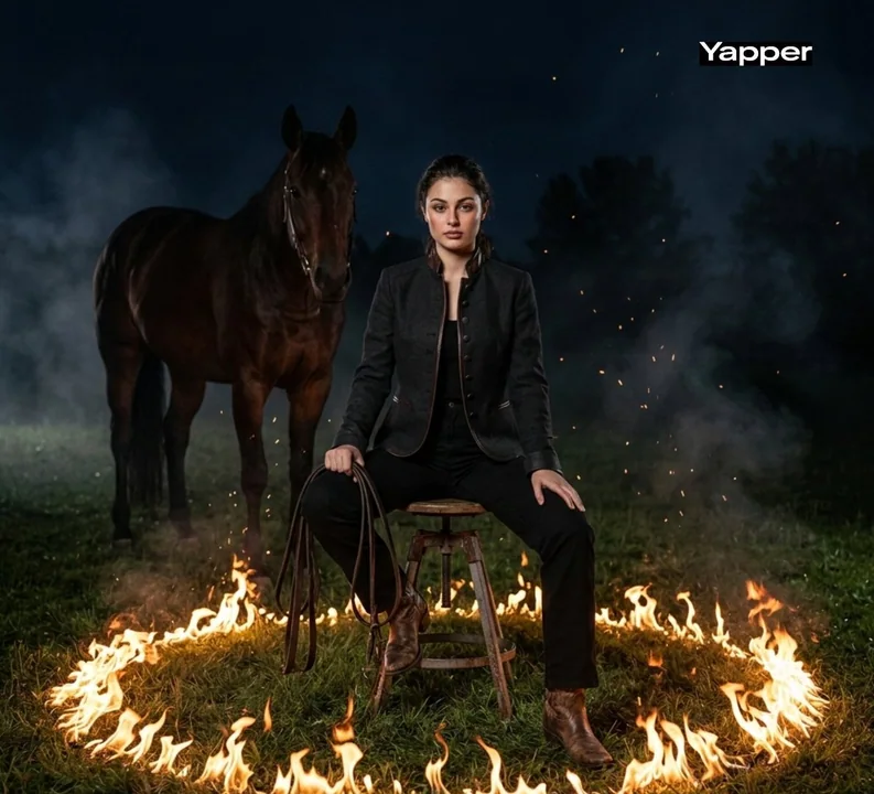 篝火に照らされた暗黒の女牛仔