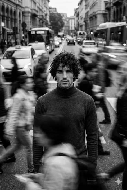 人群中静止的孤独青年