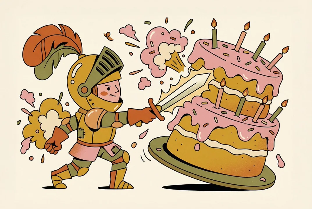 الفارس الشجاع يخوض معركة قوية مع كعكة وردية عملاقة