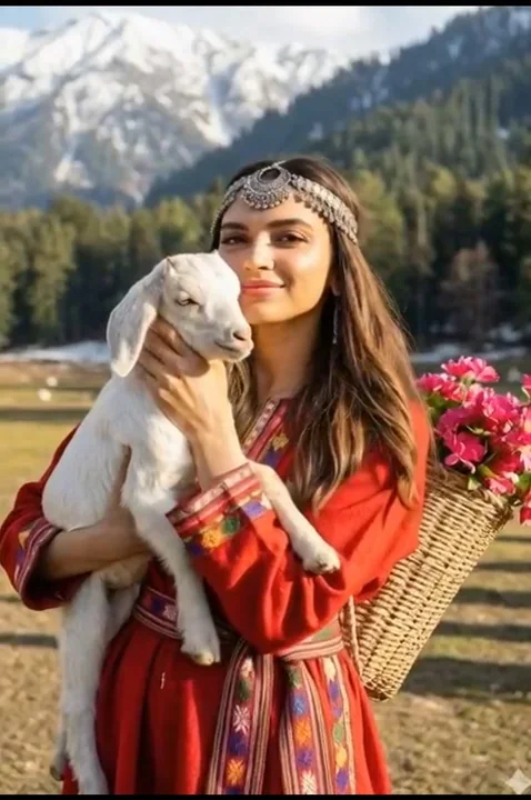 Кашмирская девушка, обнимающая белую овцу на закате над Гималаями