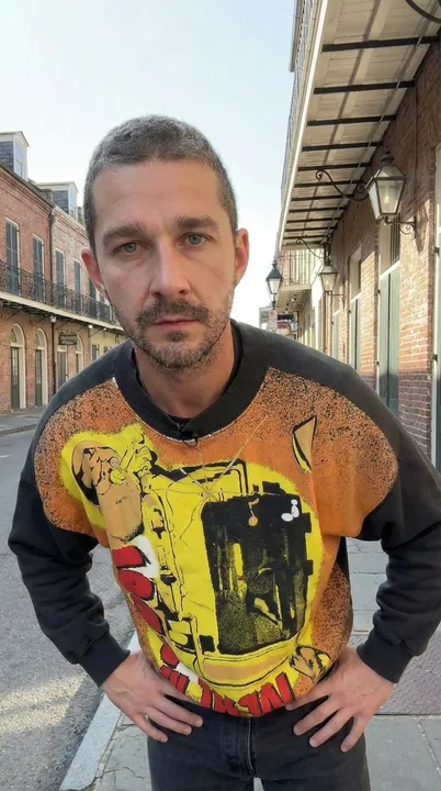 Empty New Orleans street gazes up at the man in orange clothes