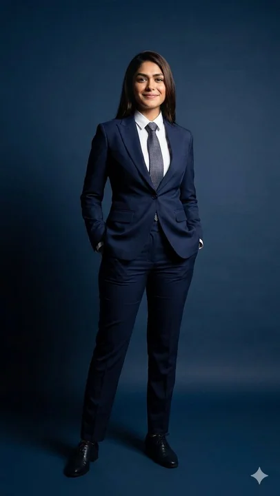 深蓝西装女高管电影感全身像