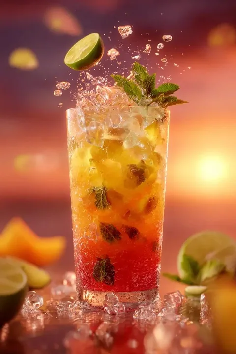 Slow-motion illusion of suspended fresh-squeezed orange juice