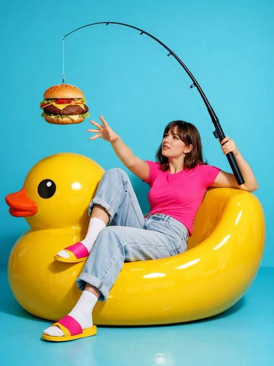 いたずら好きな少女がハンバーガーを釣っているポップアートの写真