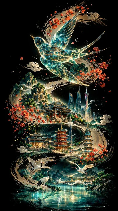 Люллю прозрачные, птицы с рисунком бровей танцуют в городе Янчэн, черные свитки.