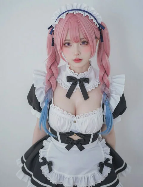 Девушка-горничная с белыми и черными волосами в виде двух косичек и розовыми волосами