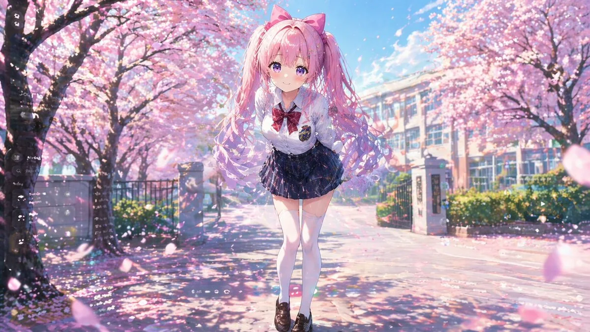 害羞的双马尾少女在樱花树下