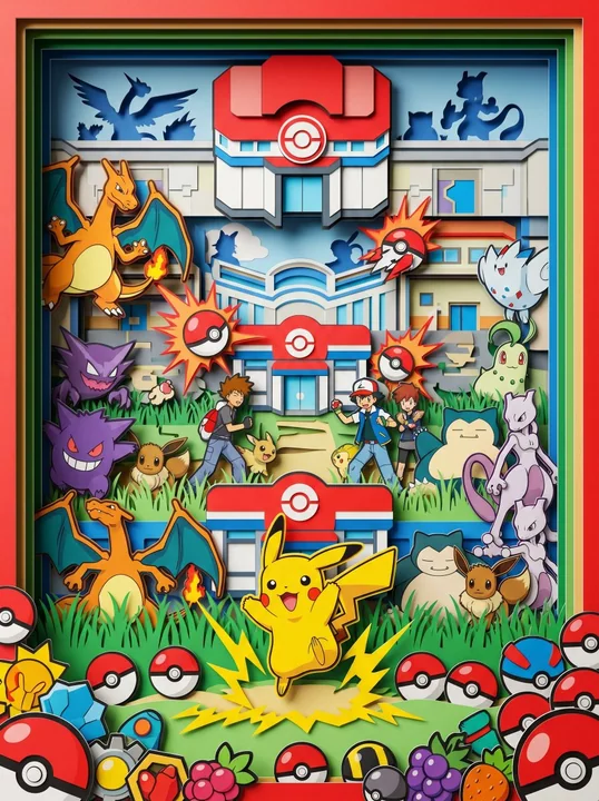 Monde fantastique en papier découpé 3D Pokémon