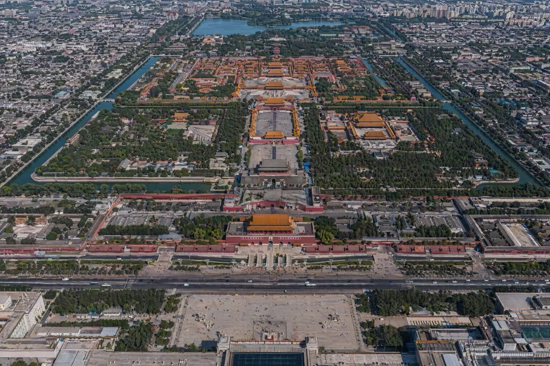 Aerial view of the Tiananmen Square and the Forbidden City along the central axis