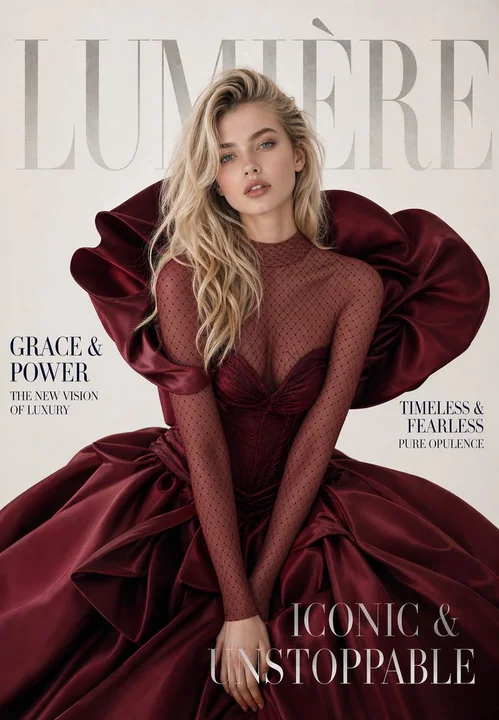 Luxury wine red haute couture dress magazine cover
