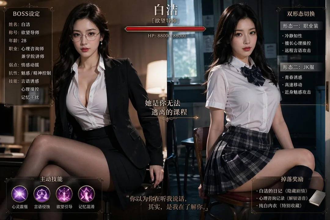 白潔のビジネススーツとJK制服の二形態比較