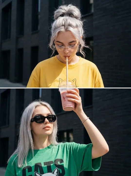 Jumelles en photo collage avec milkshake à la fraise