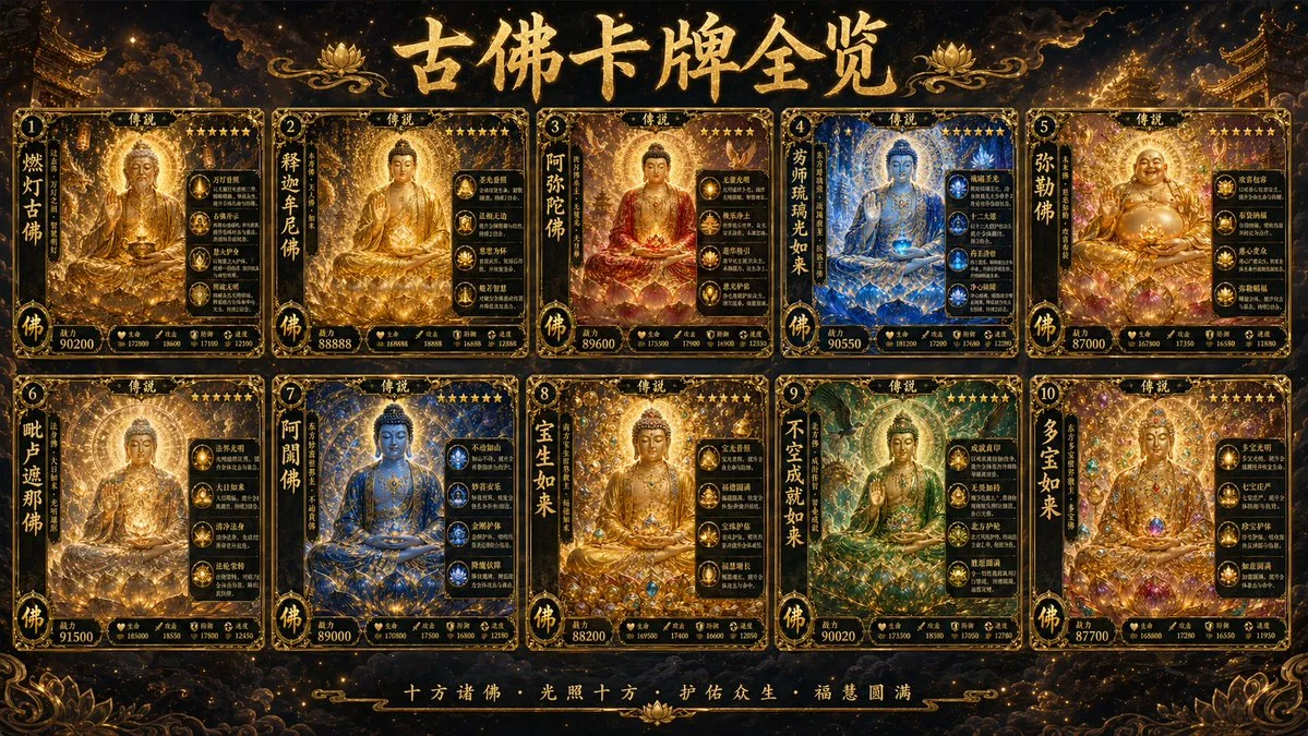 Ten Ancient Buddha Character Card Display